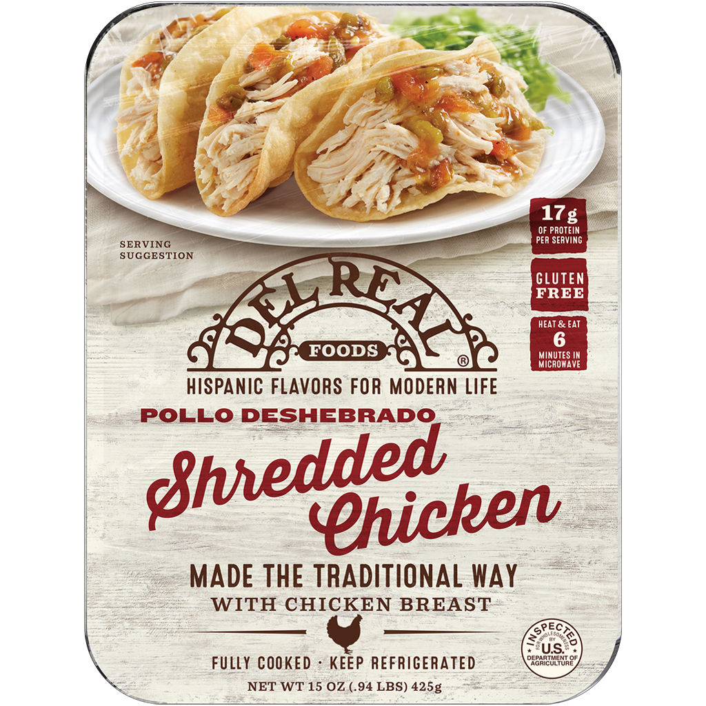 Del Real Foods Shredded chicken breast meat, traditional Pollo Deshebrado fully cooked in its own juices and lightly seasoned with a traditional blend of spices.